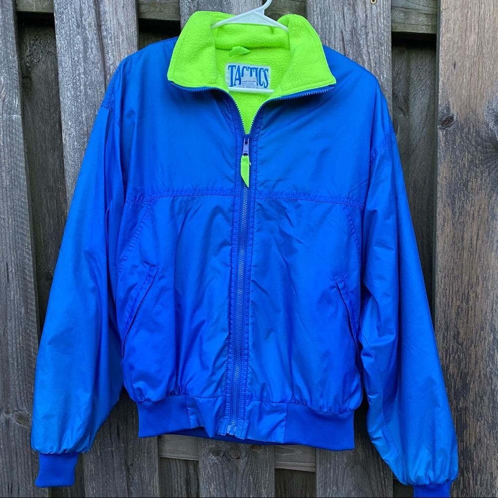Vintage 80s Tactics Blue Windbreaker with neon Fleece lining Zip Pockets…